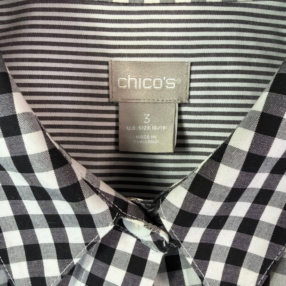 Chico's Button Down Shirt Women 3 Black White Gingham Striped Office Preppy - Picture 3 of 10